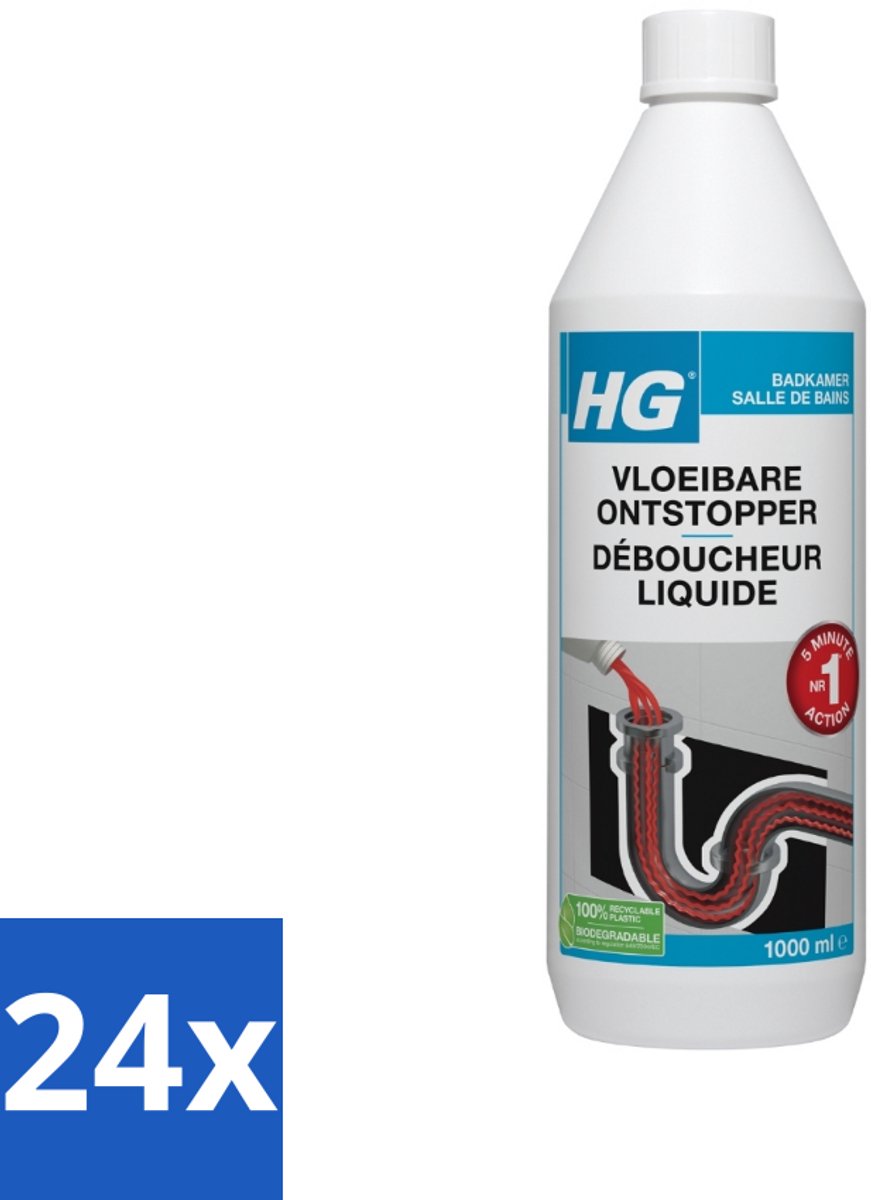 24 x HG Vloeibare Ontstopper 1 liter - Badkamer Ontstopper - Verstopping Oplossen - HG Ontstopper - Vloeibare Ontstopper - Wasbak Ontstopper