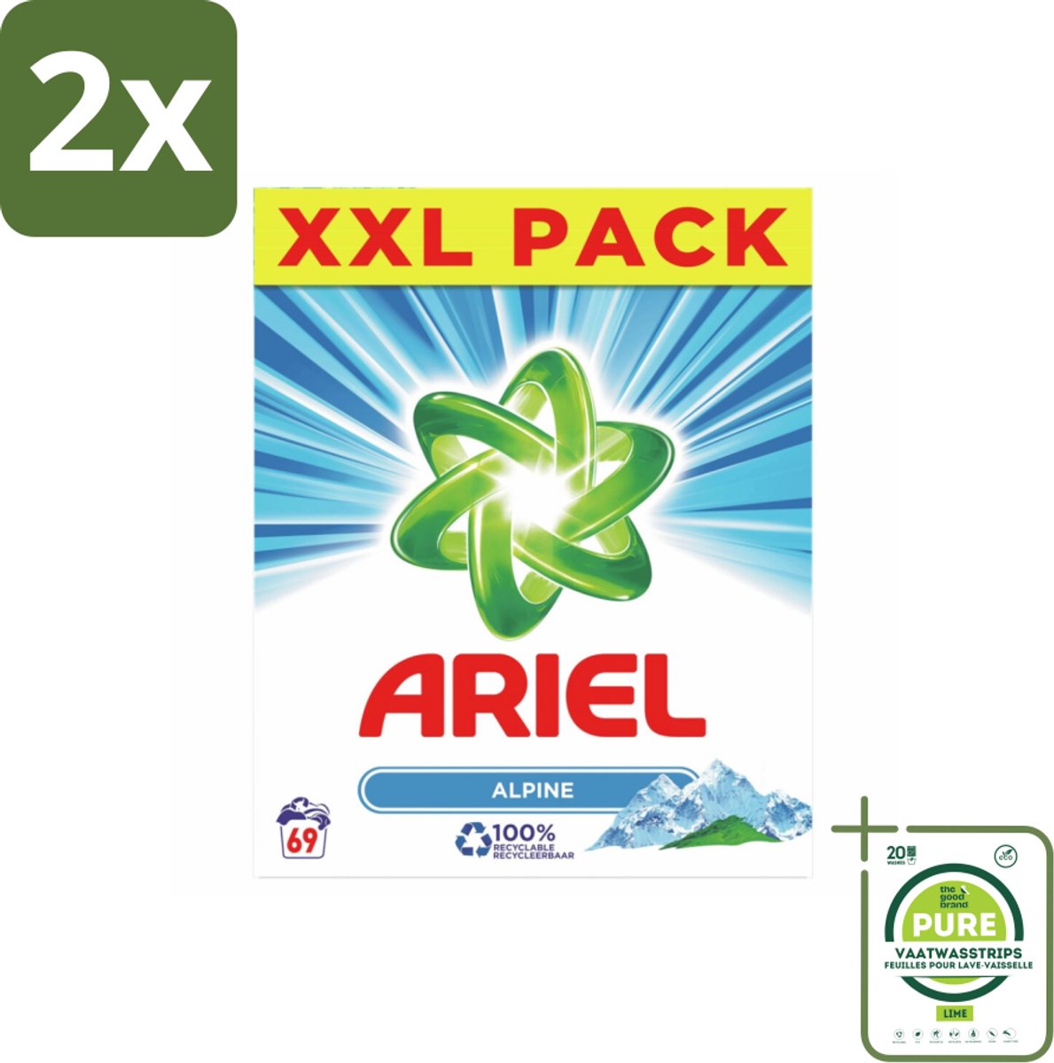 Ariel – Waspoeder – Alpine – 4,485 kg – 50 wasbeurten - Voordeelverpakking - 2 stuks - Waspoeder - Vlekverwijdering