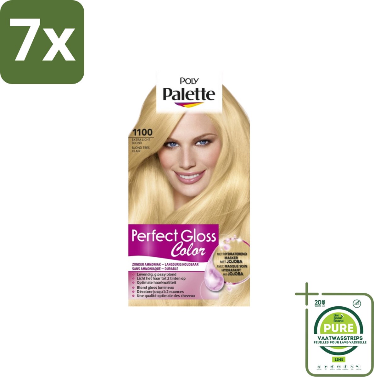 7 x Poly Palette – Haarverf – 1100 Extra Licht Blond – 115 ml - Grootverpakking - Semi-permanente Haarkleuring - Glanskleur - Haarkleur - Haarkleuringsmasker - Jojoba Masker