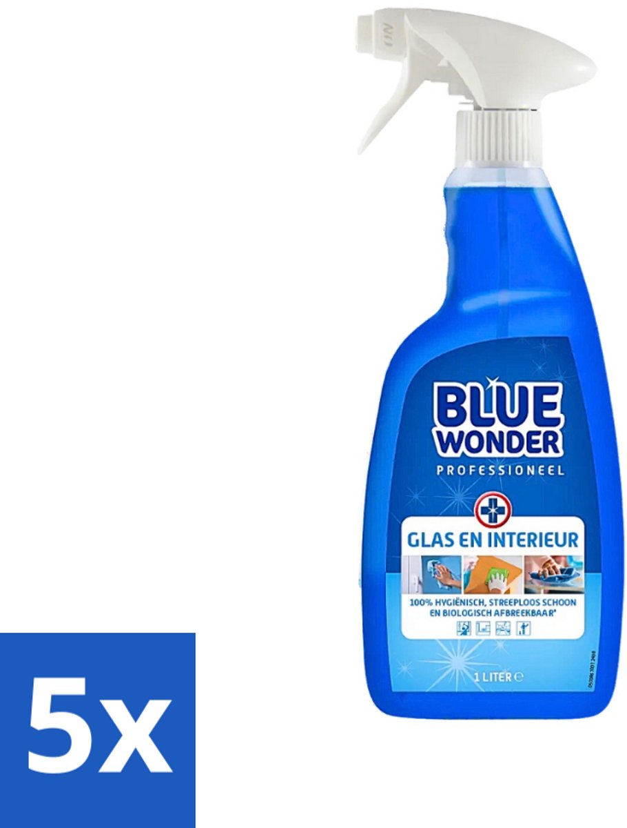 5 x Blue Wonder Professionele Glas en Interieur Spray 1 liter - Glas Reinigen - Interieur Reinigen - Streeploos Drogen - Vet Verwijderen - Vlekken Verwijderen