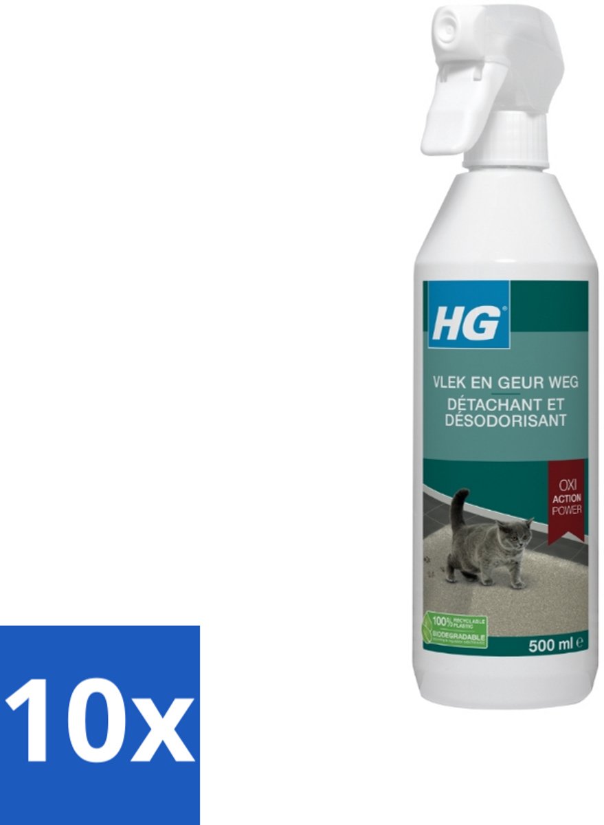 10 x HG - Vlek & Geur Weg - Tegen Kattengeuren- Oxi Action Power - 100% Biologisch - 500 ml - Vlek Verwijderen - Geur Weg - Katten Vlek - Katten Geur - Tapijt Reinigen