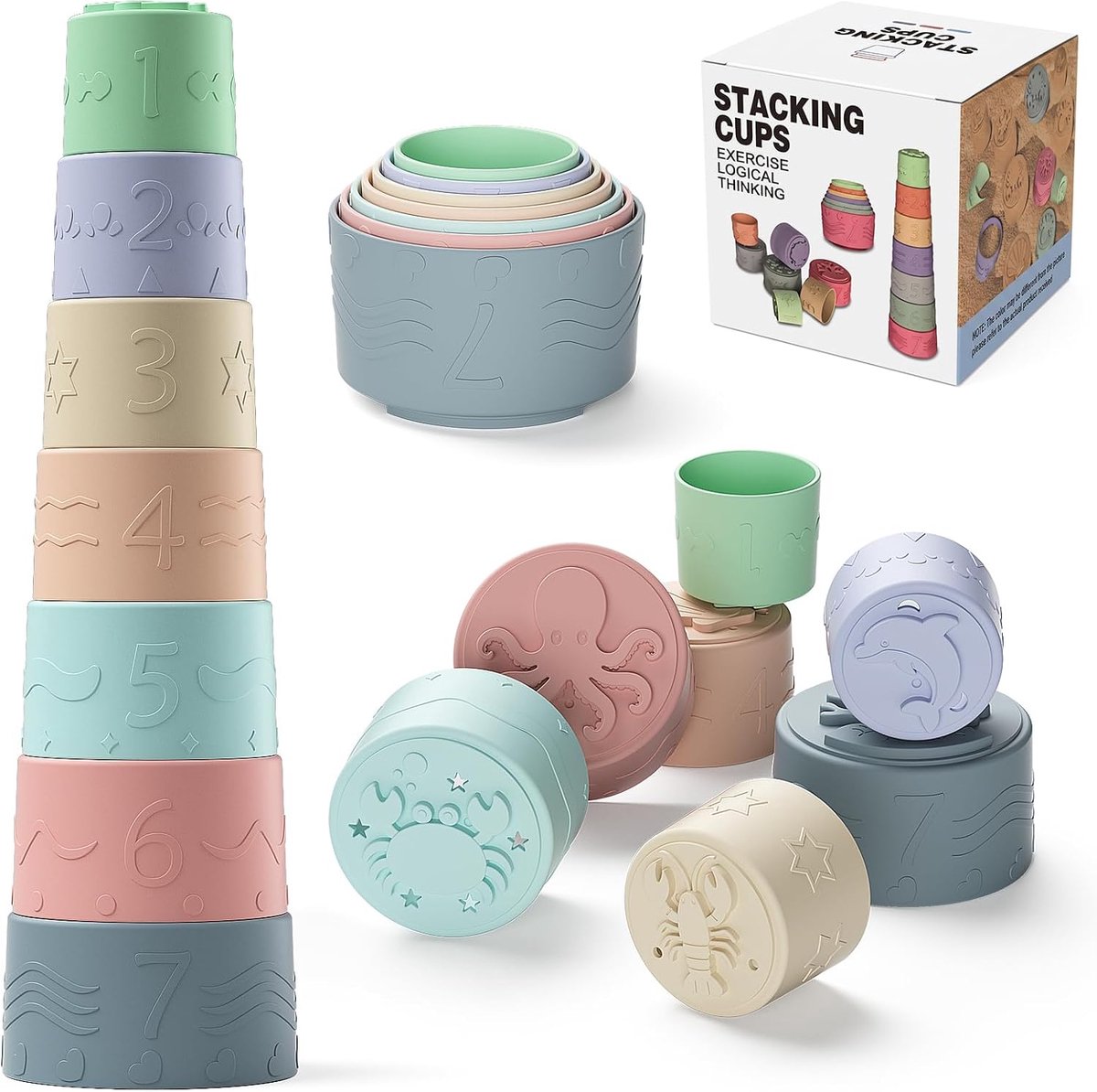 Montessori Baby Speelgoed – 7-Delige Siliconen Stapelbekers – Stapel- & Bijtspeelgoed – Badspeelgoed – Motoriek & Vroege Ontwikkeling
