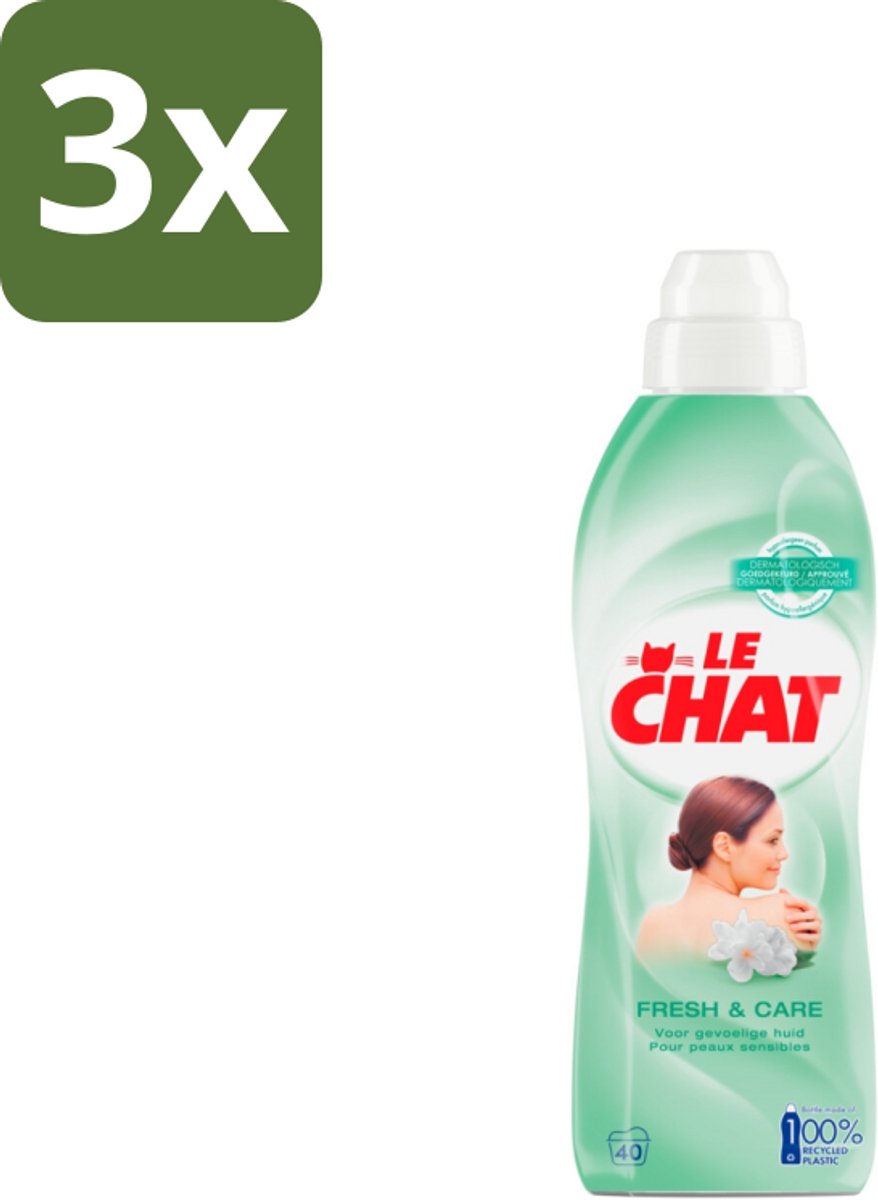 3 x Le Chat Wasverzachter Fresh & Care 40 Wasbeurten 880 ml - Wasverzachter - Hypoallergeen - Huidvriendelijk - Gevoelige Huid - Babykleding