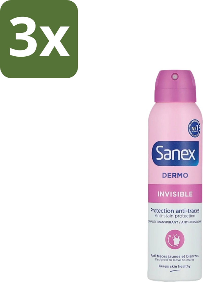 3 x Sanex – Deodorant Spray – Dermo Invisible – 150 ml - Onzezichtbare Deodorant - Deodorant Spray - Transpiratieregulatie - Huidbescherming - Strepenvoorkomend