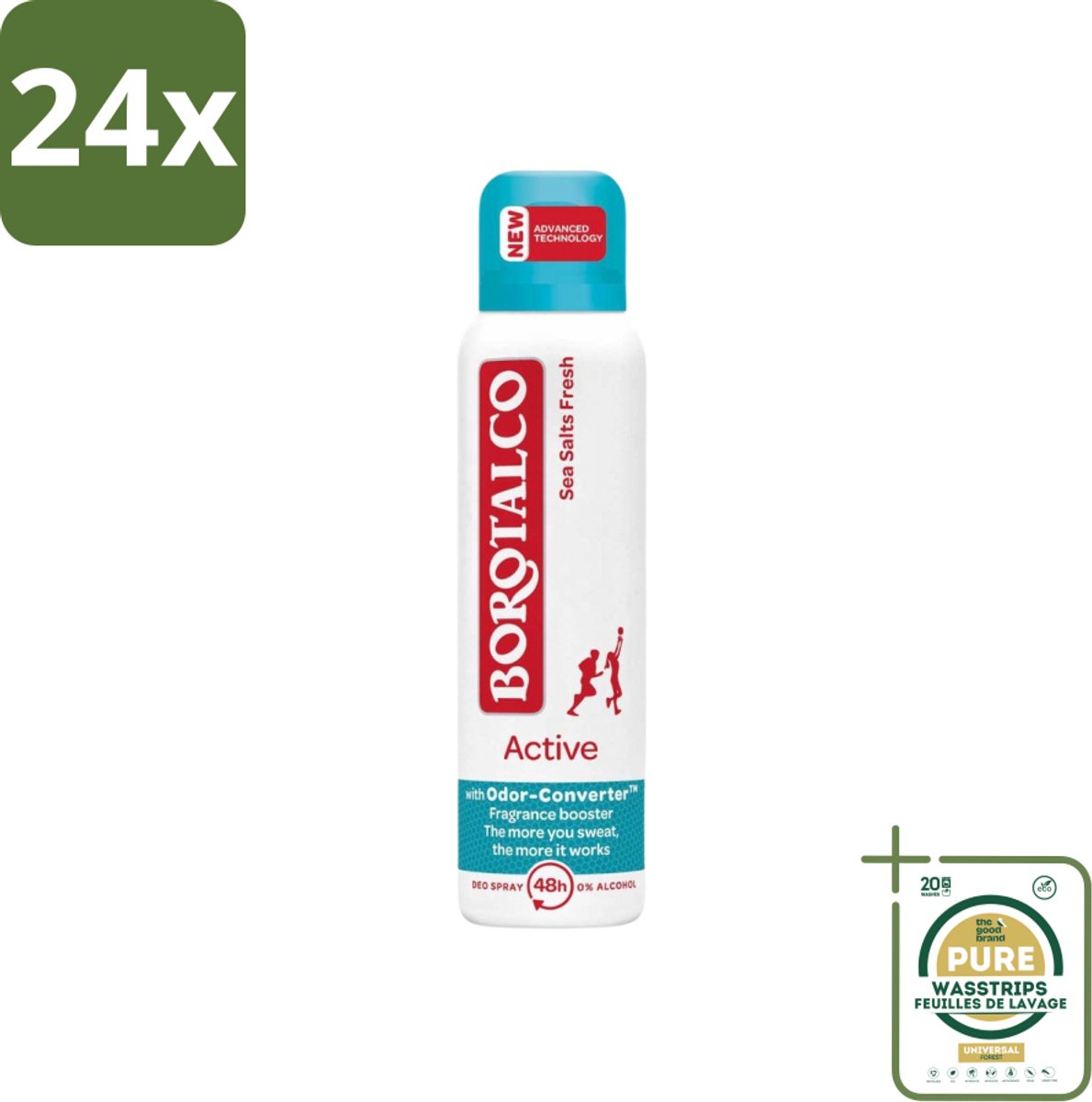 Borotalco - Deodorant Spray - Active - Sea Salts Fresh - 0% Alcohol - 150 ml - Voordeelverpakking - 24 stuks - Zeezout - Frisse geur