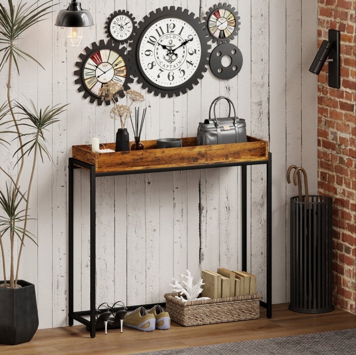 STILVORA Sidetable - Slank Design Met Opstaande Rand - Voor Hal En Smalle Ruimtes - Hout En Metaal - 100x30x91 Cm - Rustiek Bruin