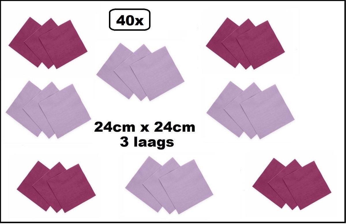 40x Servetten lila en paars 24cm x 24cm - 3 laags - Party Cocktail servet diner eten knoeien restaurant BBQ thema feest verjaardag feest