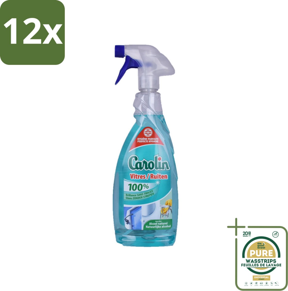 Carolin - Glas- en Ruitenreiniger - Met Natuurlijke Alcohol - 650 ml - Voordeelverpakking - 12 stuks - Streeploos schoon - Ruitenreiniger