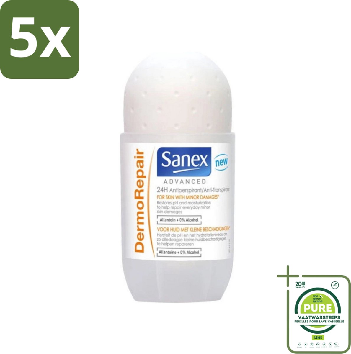 5 x Sanex Advanced - Dermo Repair - Deodorant Roller - 24h Anti-Transpirant - 0% Alcohol - 50 ml - Grootverpakking - 24 Uur Deodorant - Anti-transpirant - Huidherstellende Deodorant - Sanex Advanced Dermo Repair - Deodorant Roller