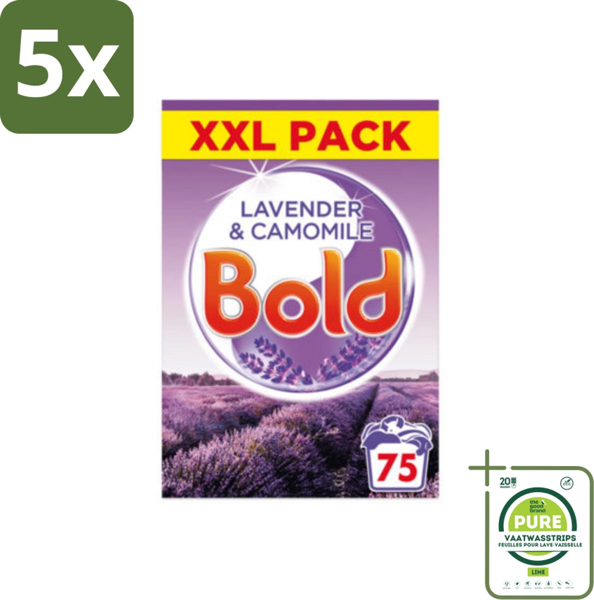 5 x BOLD - Waspoeder - 2 in 1 - Lavendel en Kamille - 75 Wasbeurten - Grootverpakking - Waspoeder - Lavendel - Kamille - Wasmiddel - Wasverzorging