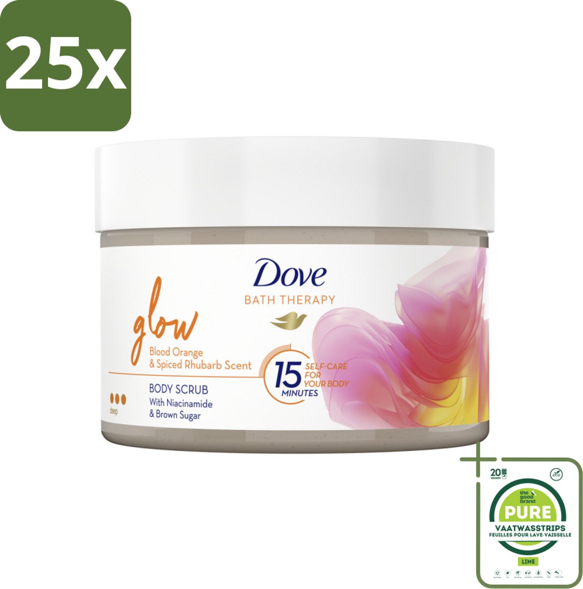 25 x Dove Bath Therapy Glow - Bodyscrub - Bloedsinaasappel & Rabarber - 295 ml - Grootverpakking - Huidverzorging - Body Scrub - Stralende Huid - Niacinamide - Bruine Suiker