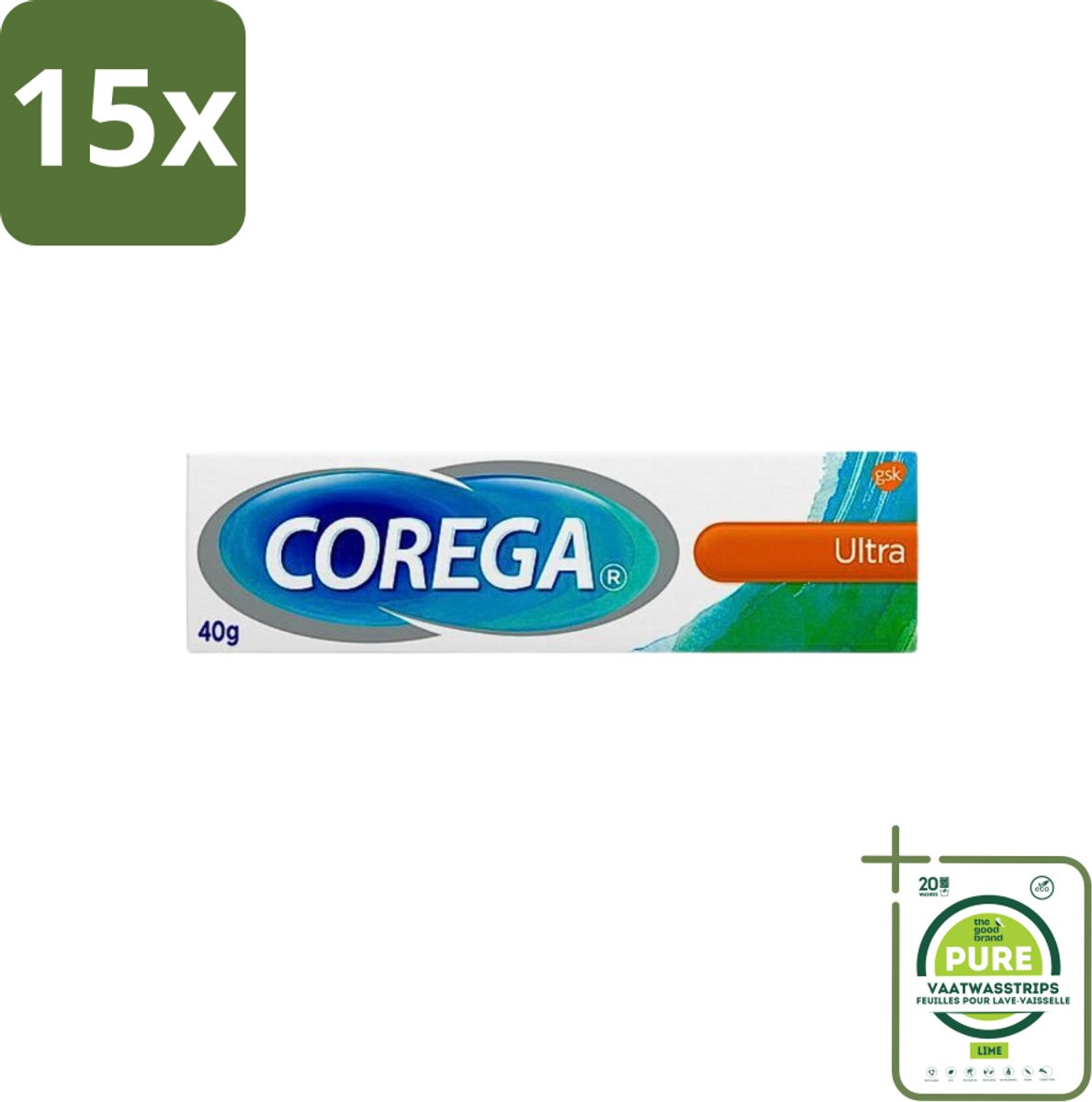 15 x Corega Ultra Kleefcrème - Krachtig Houvast & Bescherming - Met Verfrissende Mintsmaak - 40g - Grootverpakking - Gebitsprothese - Prothese Kleefcrème - Houvast Prothese - Prothese Fixatie - Corega Ultra