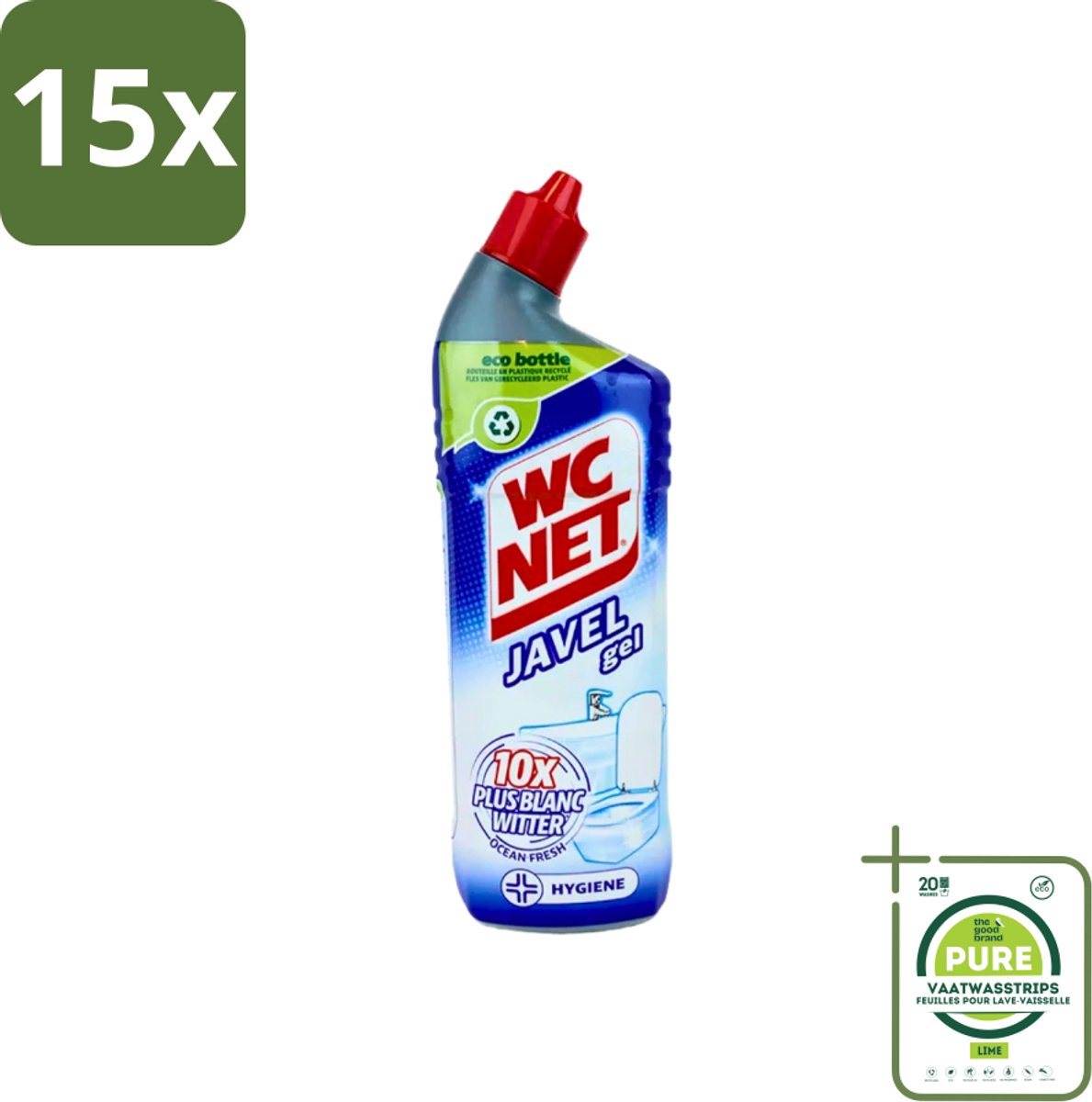 15 x WC Net - Toiletreiniger - Gel - Ocean Fresh - Gerecycled Materiaal - 750 ml - Grootverpakking - Toilet Schoonmaak - Toilet Reiniger - Wc Reiniger - Toilet Glans - Wc Gel