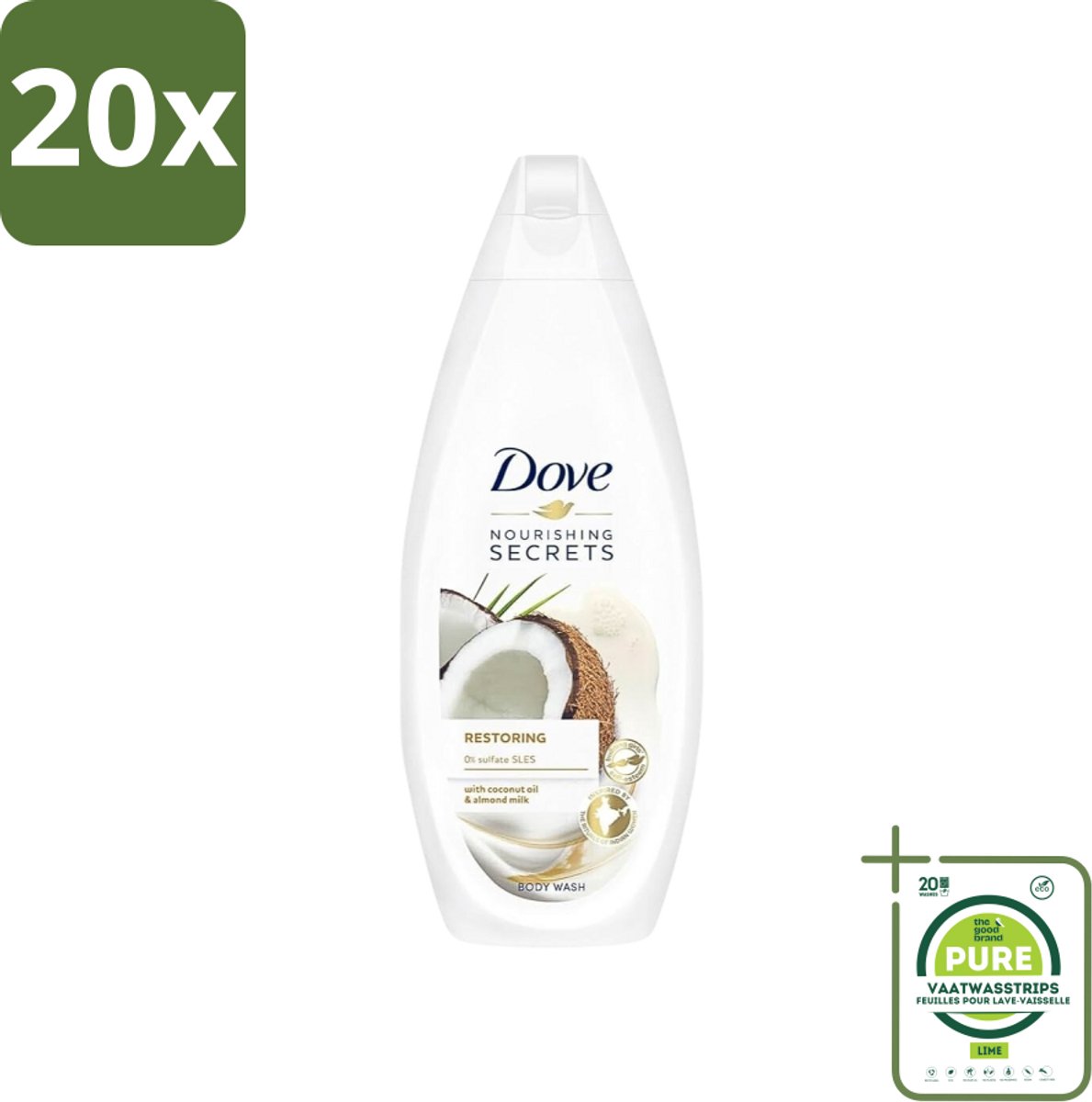 20 x Dove Nourishing Secrets - Douchegel - Kokosolie & Amandel melk - Sulfaatvrij - 250 ml - Grootverpakking - Douchegel - Kokosolie - Amandelmelk - Hydratatie - Sulfaatvrij