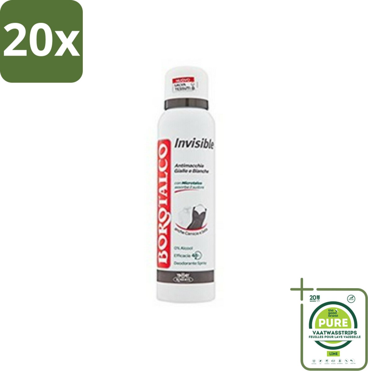 20 x Borotalco - Deodorant Spray - Invisible - Barrier Effect Talc - 0% Alcohol - 150 ml - Grootverpakking - Borotalco Deodorant - Deodorant Spray - Antitranspirant - Vlekkenvrije Deodorant - Deodorant Voor Gevoelige Huid