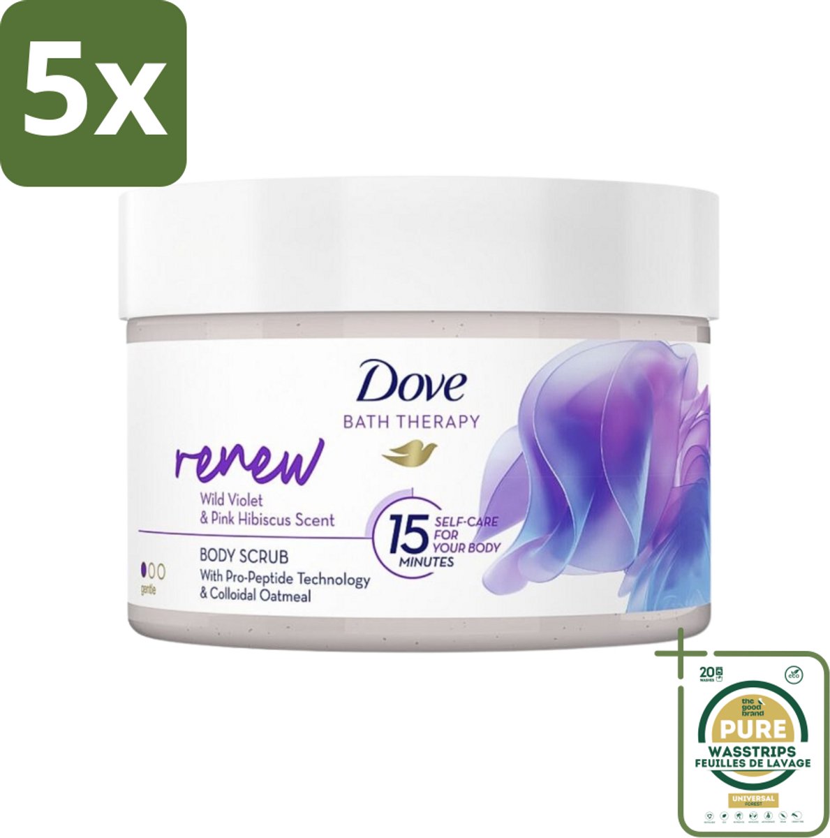 5 x Dove Bath Therapy Renew - Bodyscrub - Wilde Viooltjes & Roze Hibiscus - 295 ml - Grootverpakking - Huidvernieuwing - Huidscrub - Exfoliatie - Zachte Huid - Huidverzorging