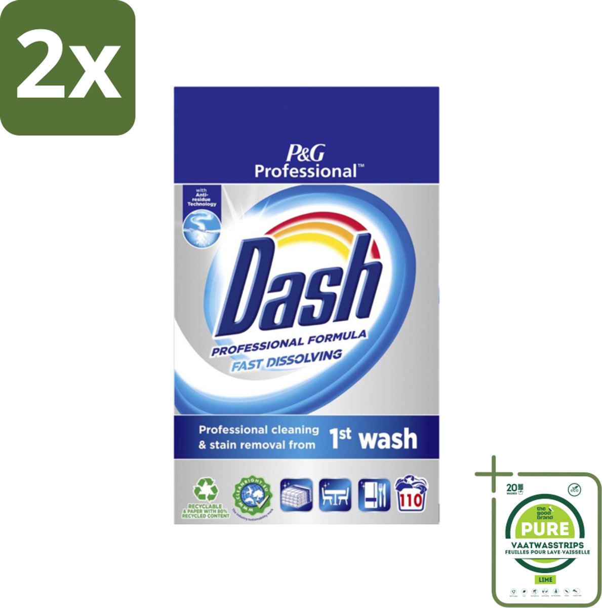 Dash Professional - Snel Oplossend Waspoeder - Witte en Gekleurde Was - 110 Wasbeurten - Voordeelverpakking - 2 stuks - Waspoeder - Wasmiddel