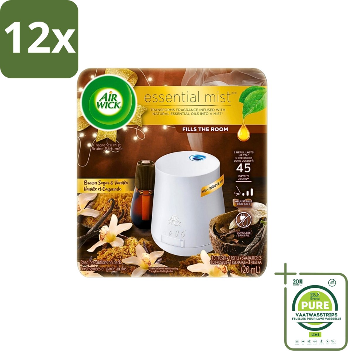 Air Wick Essential Mist - Elektrische Geurverspreider - Starterkit - Vanille & Bruine Suiker - 20ml - Voordeelverpakking - 12 stuks - Elektrische geurverspreider - Geurverspreider