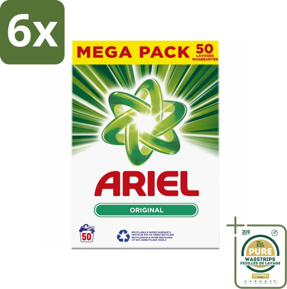 Ariel Original - Waspoeder - Witte en Lichtgekleurde Was - 50 Wasbeurten - Voordeelverpakking - 6 stuks - Wasmiddel - Witwas