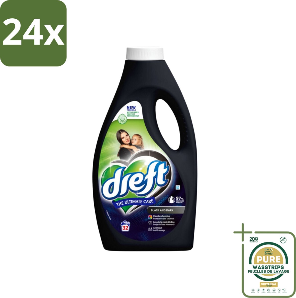 Dreft Vloeibaar Wasmiddel Zwart & Donker 32 Wasbeurten 1,4 liter - Voordeelverpakking - 24 stuks - Kleurbescherming - Wasverzachter