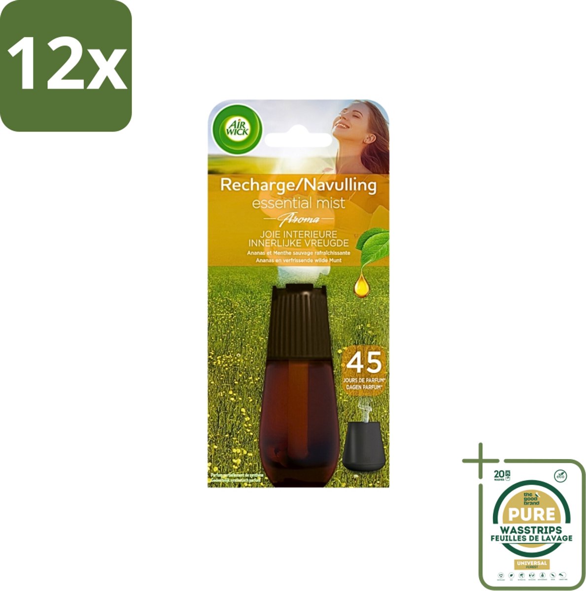 Air Wick Essential Mist - Navulling - Happiness - Ananas & Wilde Munt - 20ml - Voordeelverpakking - 12 stuks - Essentiële oliën - Ananas