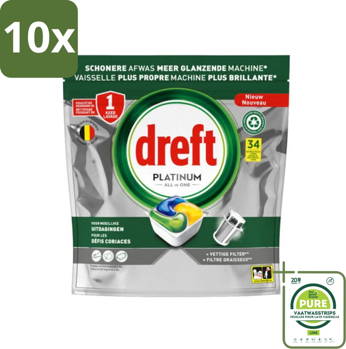 10 x Dreft Platinum - All In One - Vaatwascapsules - Citroen - 34 Afwasbeurten - Grootverpakking - Vaatwascapsules - Vaatwasser - Citroen - Reiniging - Hardnekkige Vlekken