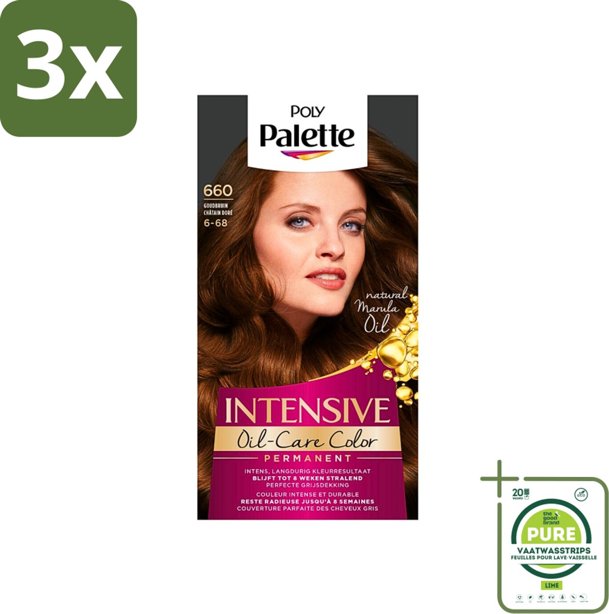 3 x Poly Palette - Haarverf - Goud Bruin 660 - 115ml - Grootverpakking - Haarverf - Goudbruin - Haarkleur - Arganolie - Glans