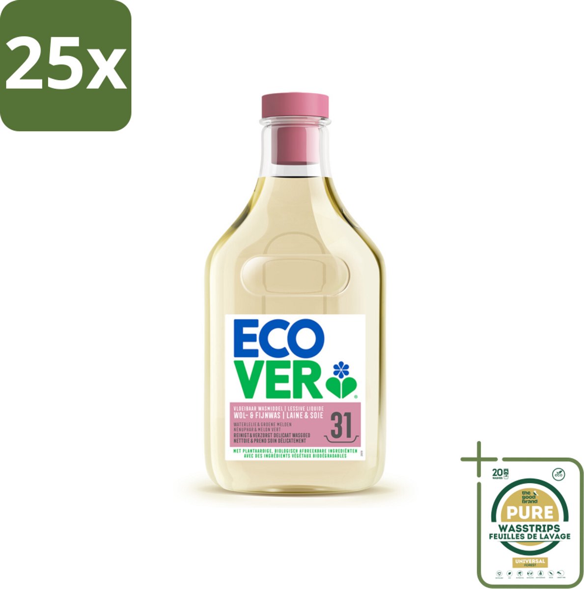 25 x Ecover Vloeibaar Wasmiddel Wol & Fijn Was - Waterlelie & Groene Meloen 31 Wasbeurten 1,43 liter - Grootverpakking - Wasmiddel Wol En Fijn Was - Vloeibaar Wasmiddel - Fijne Stoffen Was - Delicate Stoffen Was - Milieuvriendelijk Wasmiddel