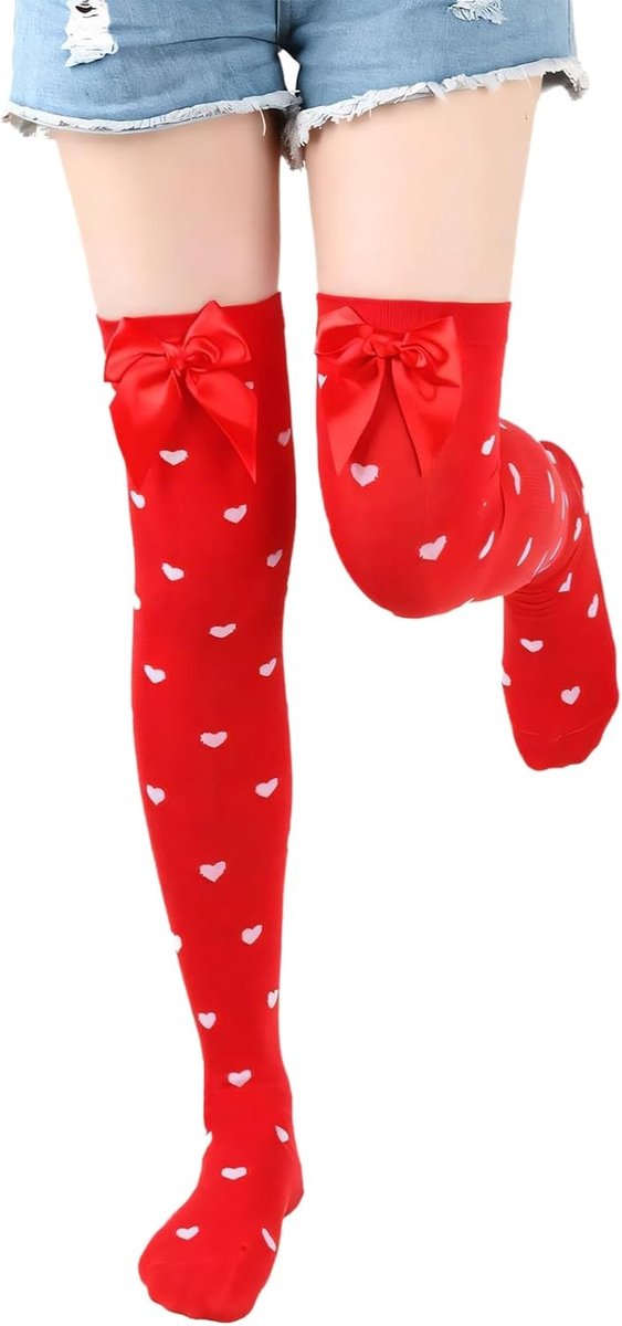 Overknee Kousen voor Vrouwen in Wit met Hartjes en Strik, Sexy Kostuums en Carnaval Accessoires, Ideaal voor Feestjes en Themapartijen