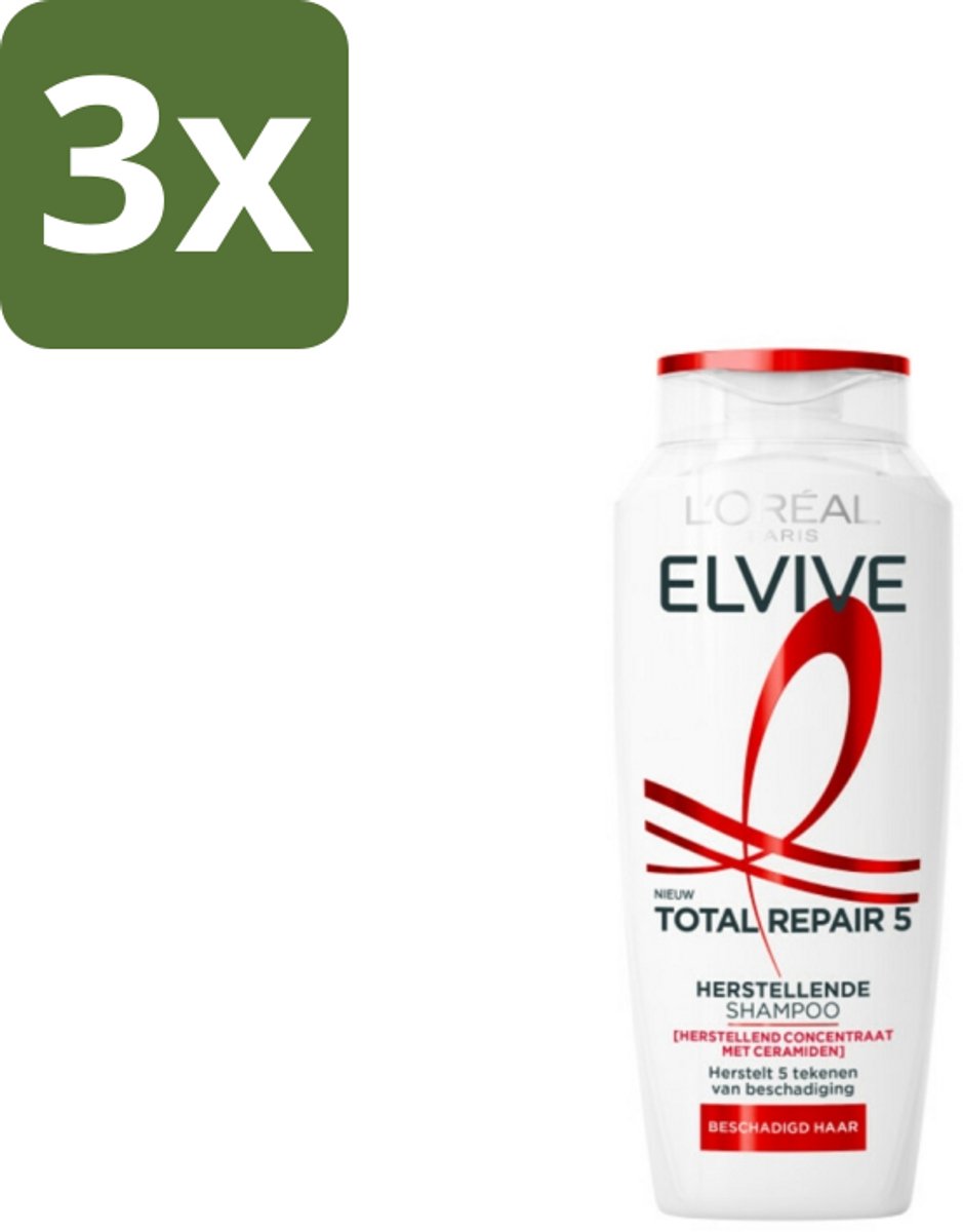 3 x L'Oréal Elvive Total Repair 5 Shampoo 250 ml - Herstel Haar - Beschadigd Haar - Droog Haar - Futloos Haar - Gespleten Punten