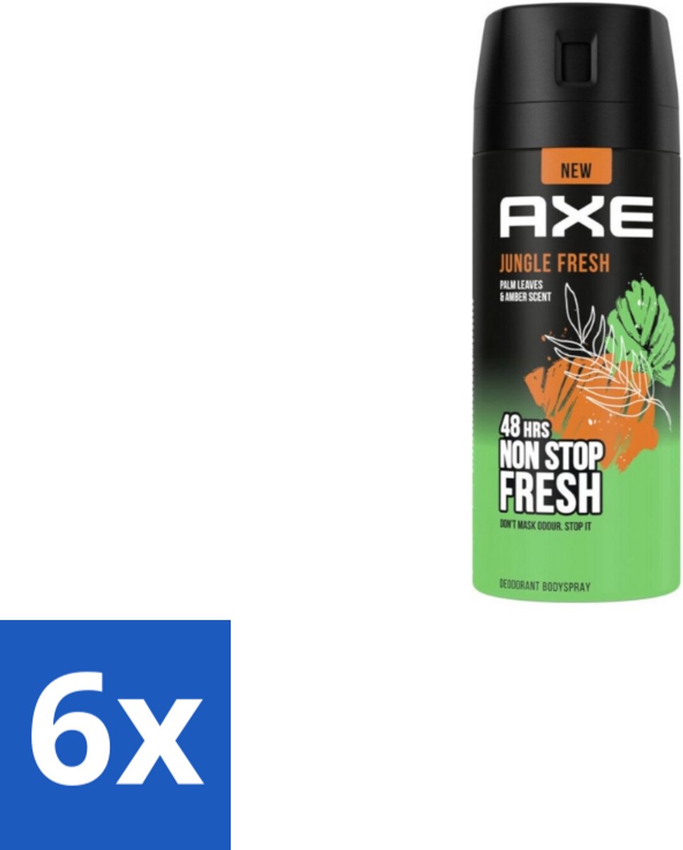 6 x Axe – Deodorant Bodyspray – Jungle Fresh – 150 ml - Frisse Geur - Lichaamsgeur Bestrijding - Zinktechnologie - Palmbladeren Geur - Amber Geur