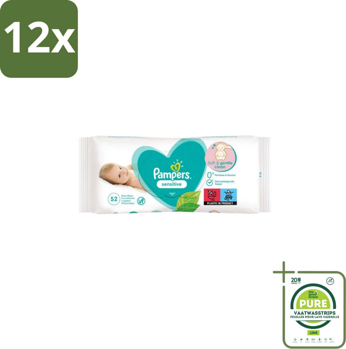 Pampers – Babydoekjes – Sensitive – 52 Doekjes - Voordeelverpakking - 12 stuks - Gevoelige babyhuid - Pasgeboren baby