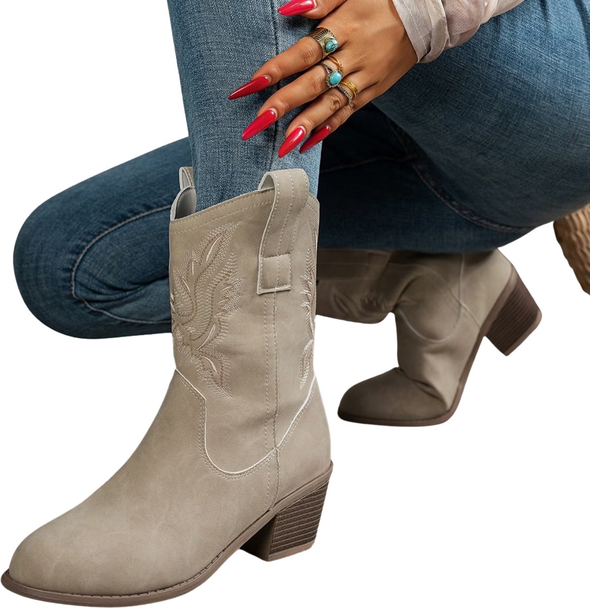 Currero Dames Cowboy Laarzen Hoge Hak Enkellaarzen Kniehoge Western Boots Chelsea 42 5 Beige