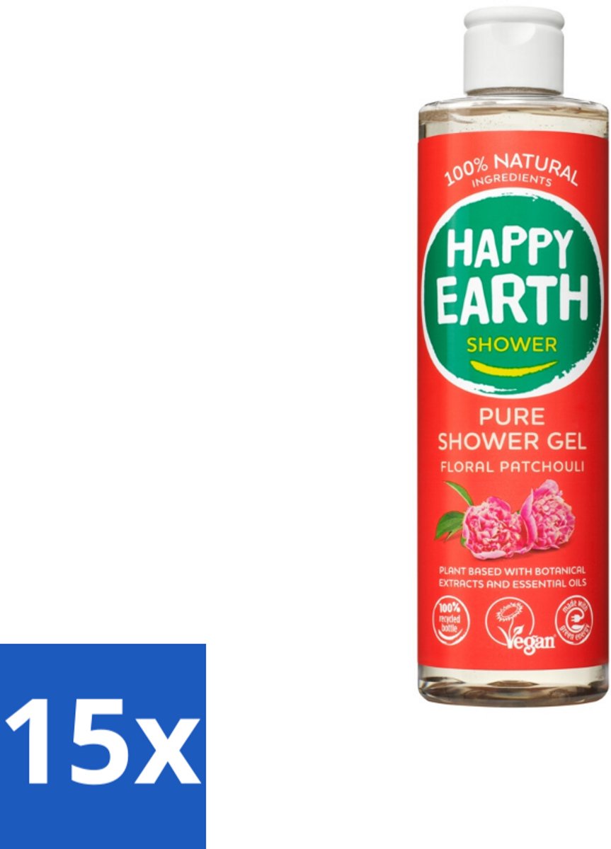 Happy Earth – Douchegel – 100% Natuurlijk Floral Patchouli – 300 ml - Bulkverpakking - 15 stuks