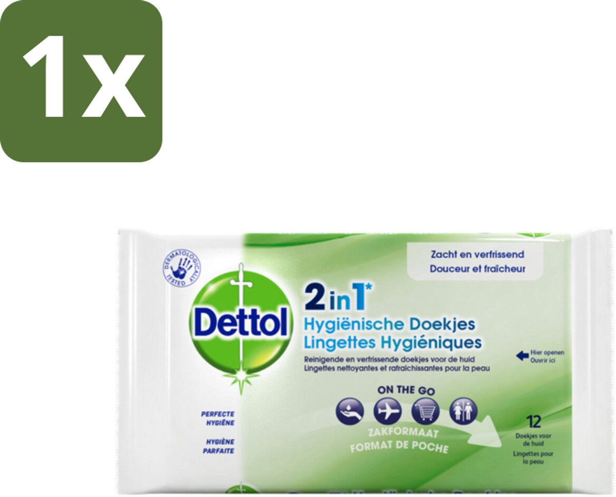 1 x Dettol - Reinigingsdoekjes - 2-in-1 Reiniging & Desinfectie - On the Go - 12 Doekjes - Reinigingsdoekjes - Hygiëne - Desinfectie - Bacteriënbestrijding - Huidbescherming