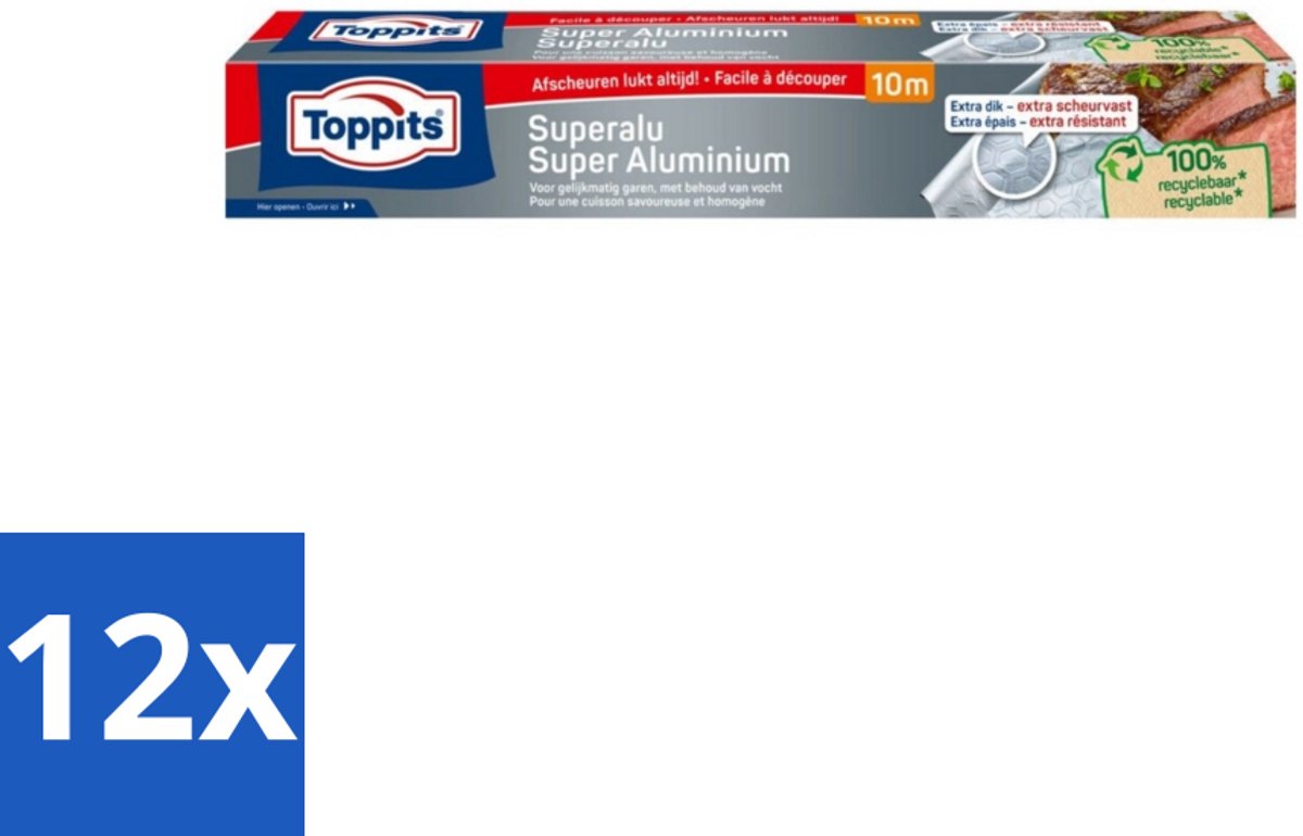 Toppits – Aluminiumfolie – Super Sterk – 10 m - Voordeelverpakking - 12 stuks