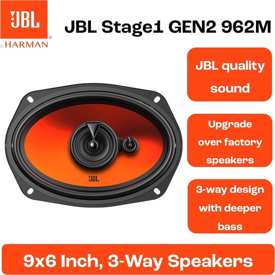 JBL Stage1 GEN2 962M 3-weg luidspreker met oranje conus en zwarte details. Tekst: JBL quality sound, Upgrade over factory speakers, 3-way design with deeper bass, 9x6 Inch, 3-Way Speakers.