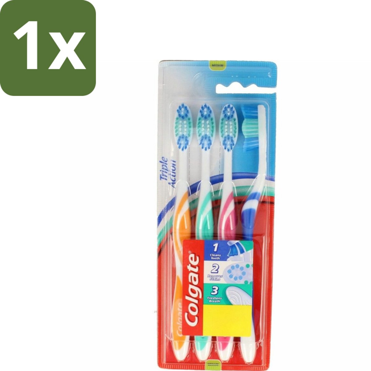 1 x Colgate - Tandenborstels - Triple Action - Medium - 4 borstels - Tandenborstel - Mondhygiëne - Reiniging - Vlekverwijdering - Frisse Adem