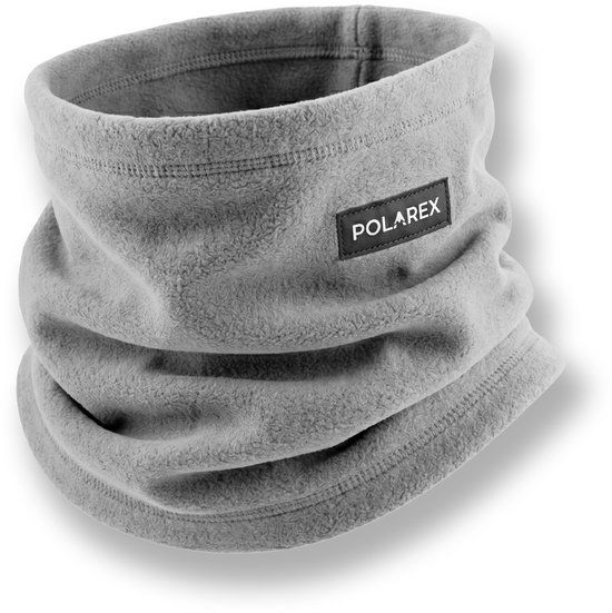 Grijze Polarex nekwarmer van fleece, met gestikte randen en een zwart Polarex logo label.
