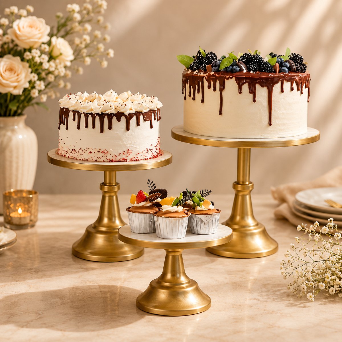 Set van 3 Gouden Metaal Taartstandaards - Vintage Design, voor Bruiloften, Verjaardagen, Babyparty's en Jubilea - Ronde Standaards van 20, 25 en 30 cm