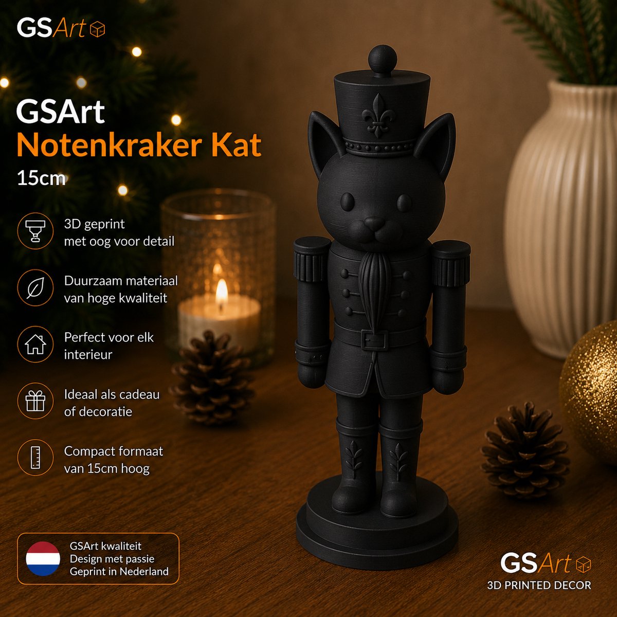 GSArt Notenkraker Kat 15cm – 3D-geprinte kerstdecoratie - Mat Zwart