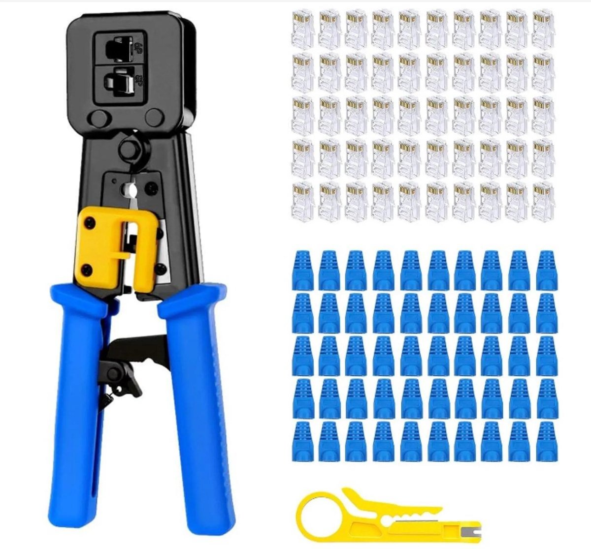 Ethernet RJ45 krimptangset - adereindhulstang - met ratelmechanisme - voor RJ11, RJ12 & RJ45 doorsteekmontage connectoren - met 50 stuks Cat6 doorvoerconnectoren, 50 stuks afdekkingen, draadstripper - doorvoer Cat5 Cat5e Cat6 Krimptangen