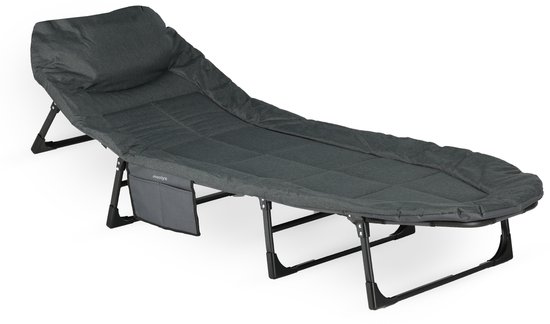 Grijze, opklapbare stretcher met verstelbare rugleuning en een hoofdkussen.