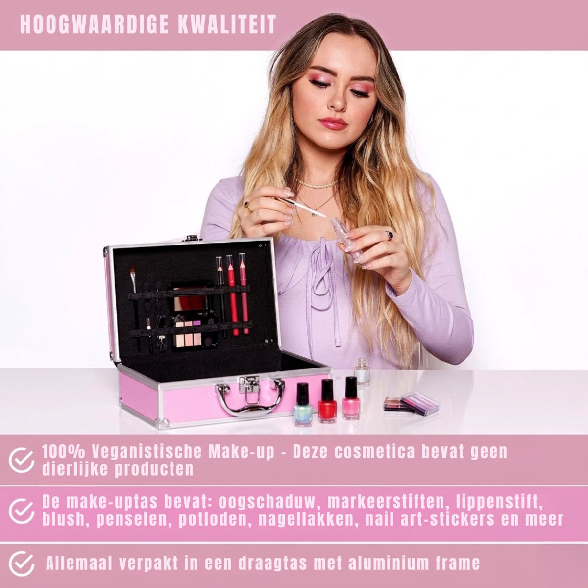 Lìon® Make Up Koffer - Make Up Koffer Met Inhoud - Make Up Set - Make Up Koffer Meisjes - Roze/Zwart - 26cm x 20 x 10cm
