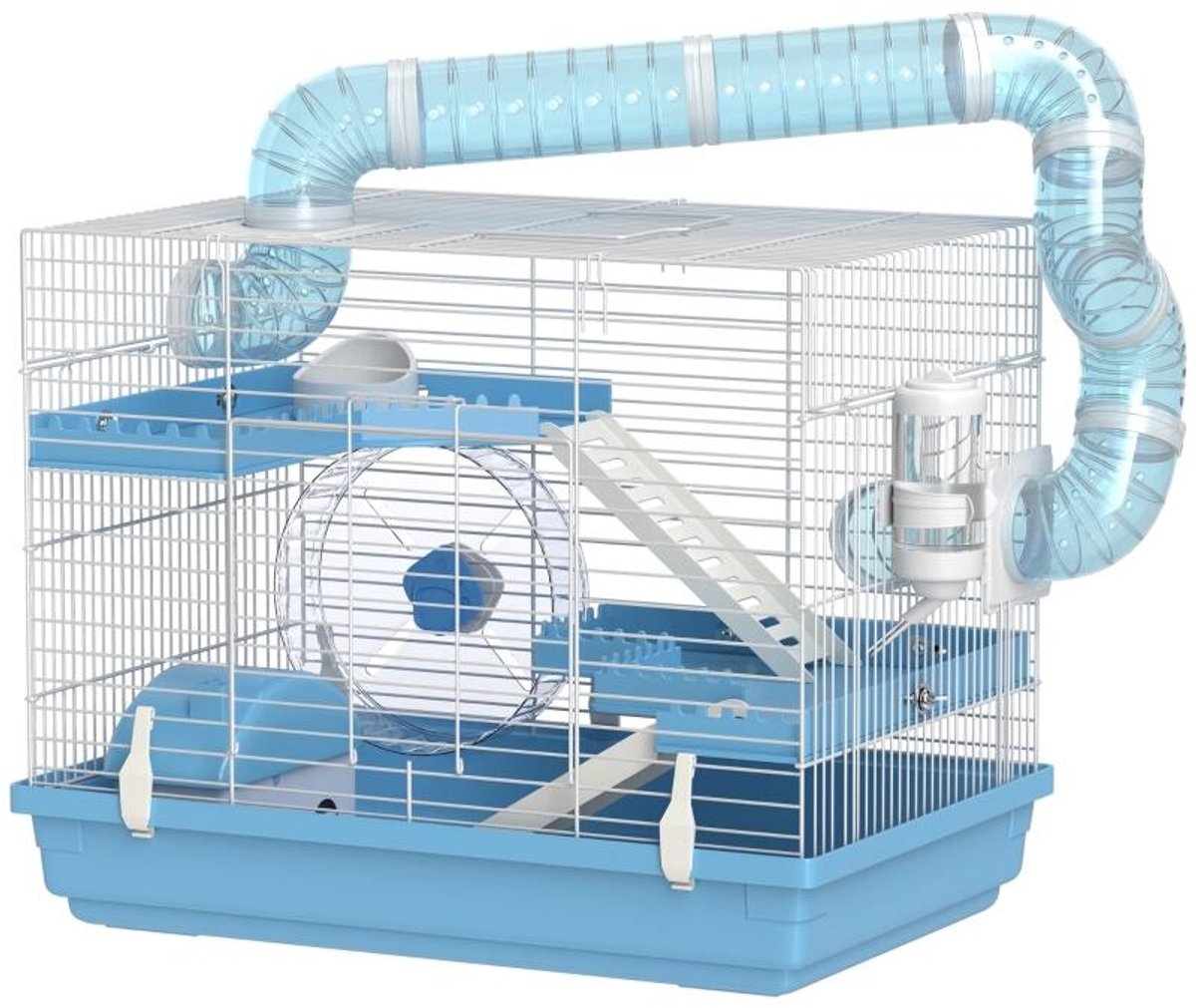 Hamsterkooi‑3 verdiepingen‑met huisje‑loopwiel‑voerbak‑waterfles‑buizen‑blauw