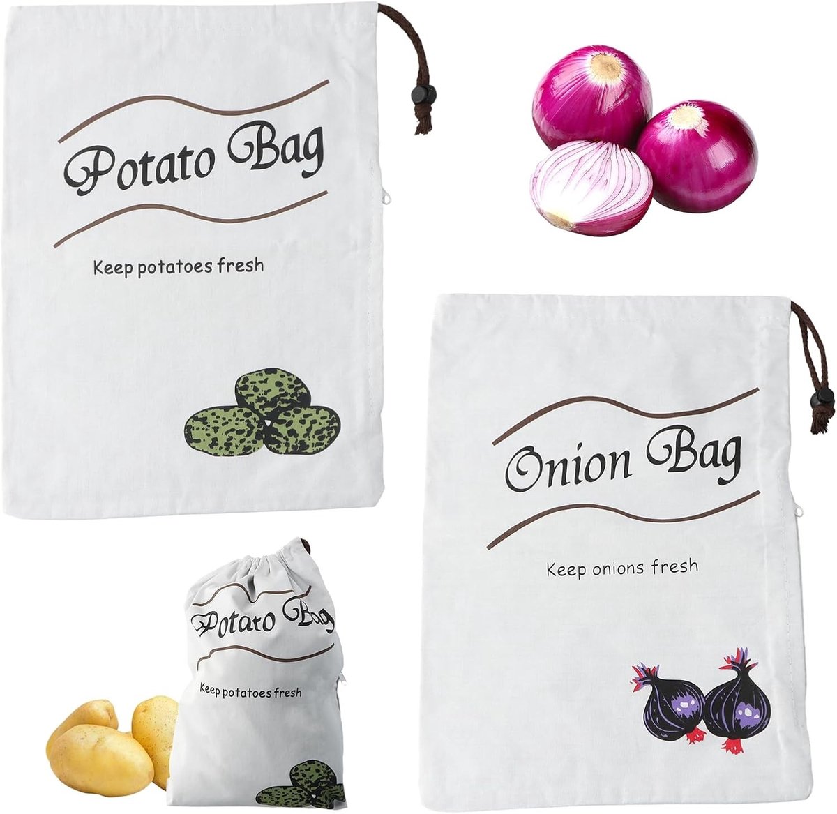 Set van 2 duurzame linnen zakken voor aardappelen en uien, herbruikbare tas voor knoflook, gember, fruit en groenten, 26 x 36 cm