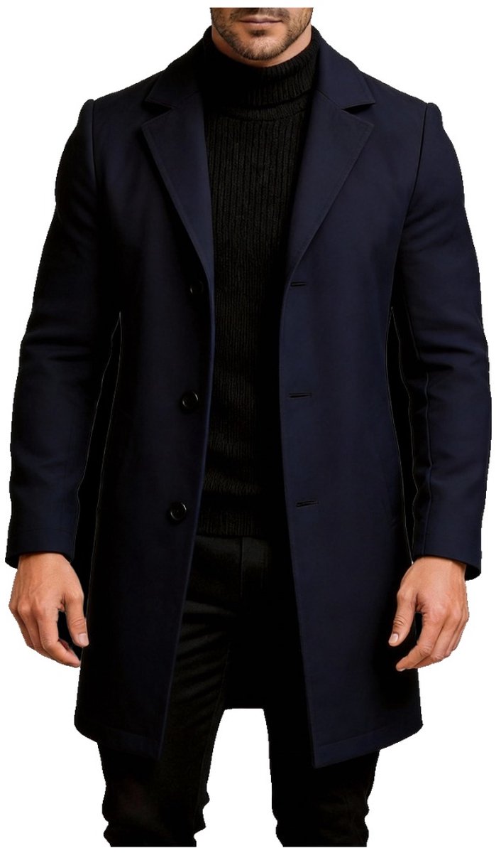 Currero Trenchcoat Winterjas Heren Mantel Jas Mantels Winter Herfstjas Volwassen Stijlvol Knopen Donkerblauw