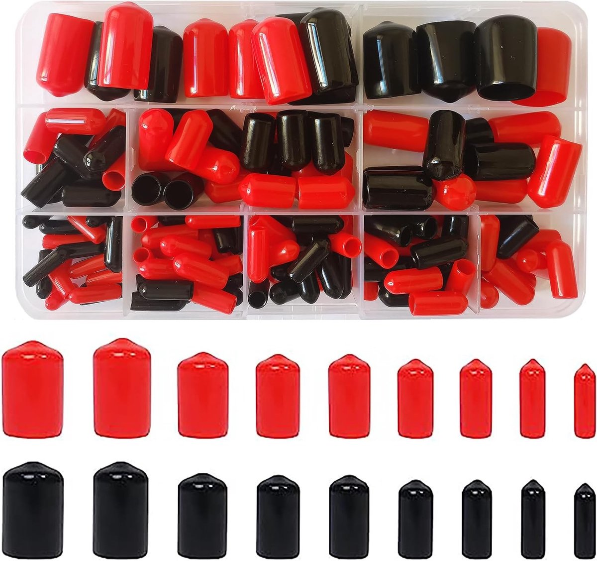 Set van 160 Stuks Rubber Eindkappen in 9 Maten voor Bescherming van Schroef- en Boutuiteinden, Flexibele en Ronde Tube Kappen in Zwart en Rood