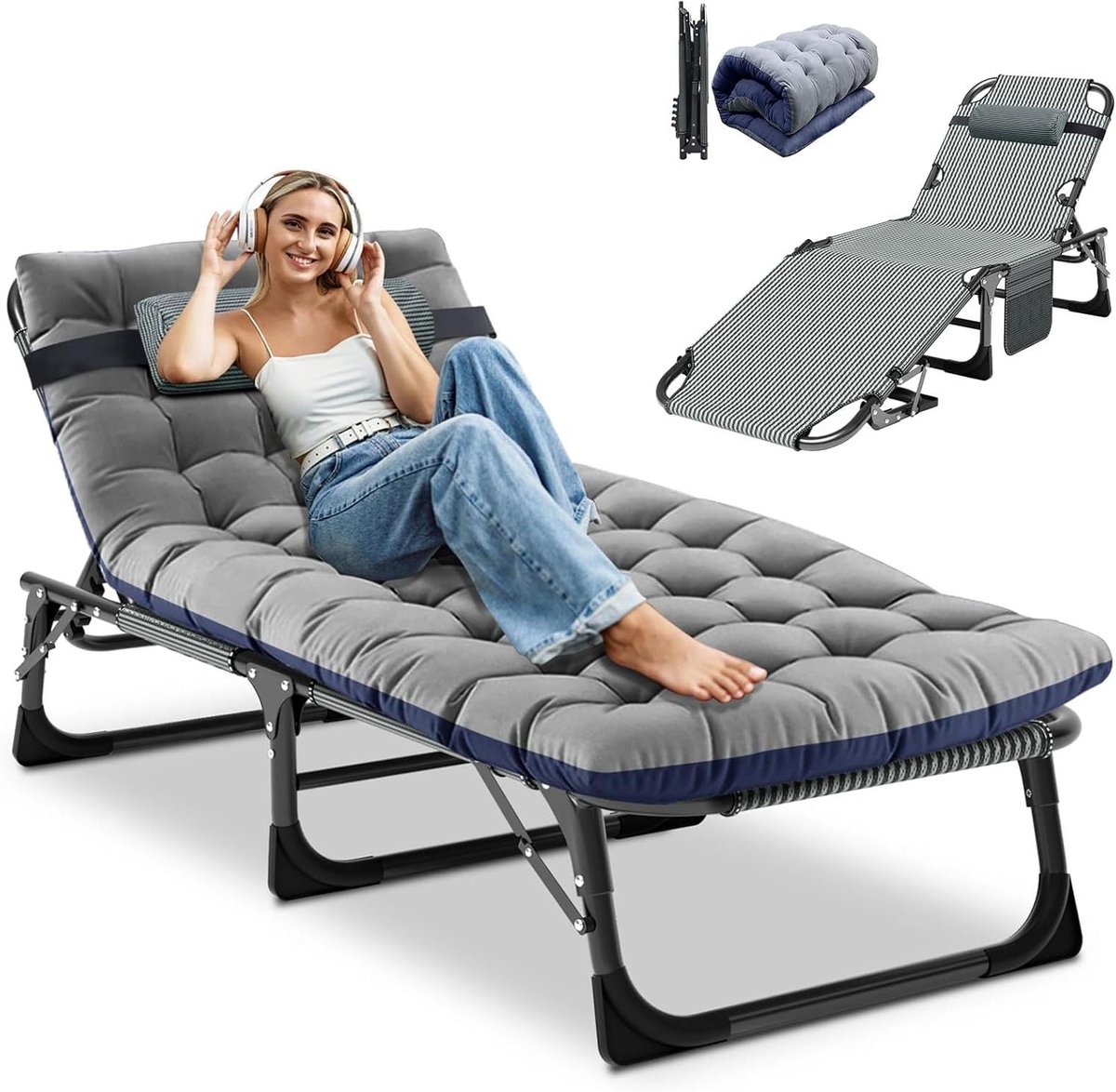 Opvouwbare ligstoel - Logeerbed - Tuin zonnebaden - 200 kg belastbaarheid - 191 x 68 cm - Grijs