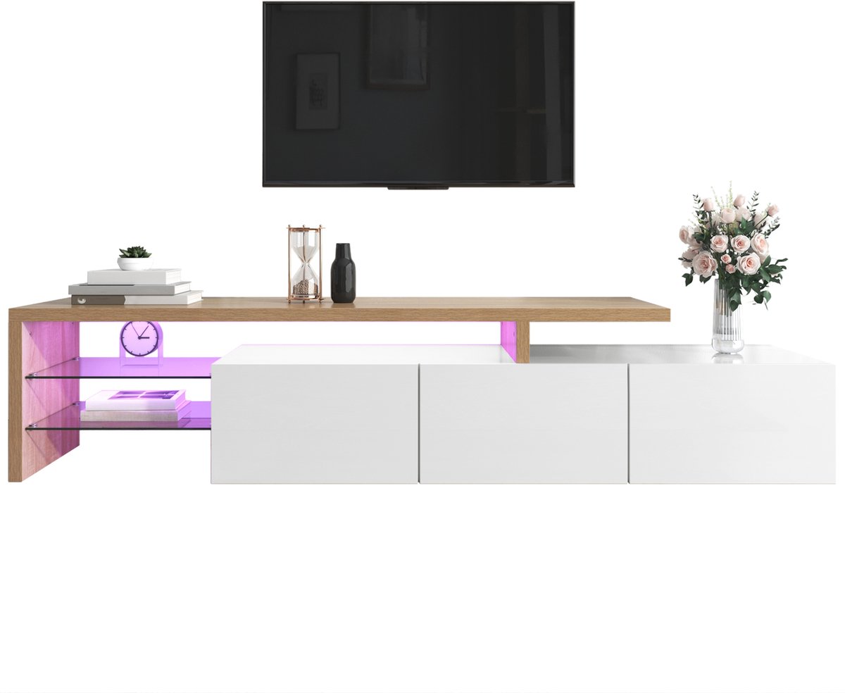 TV Meubel - 198 cm Met Led Verlichting En Glasplaat - Hout en Wit